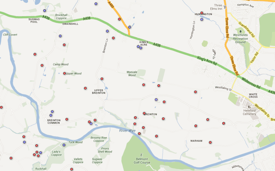 Map of orchard locations in Breinton by the Peoples' Trust for Endangered Species. Red dots are verified and documented locations, while blue dots are locations still being checked out Map of traditional orchard locations in Breinton by the Peoples' Trust for Endangered Species. Red dots are verified and documented locations, while blue dots are locations still being checked out